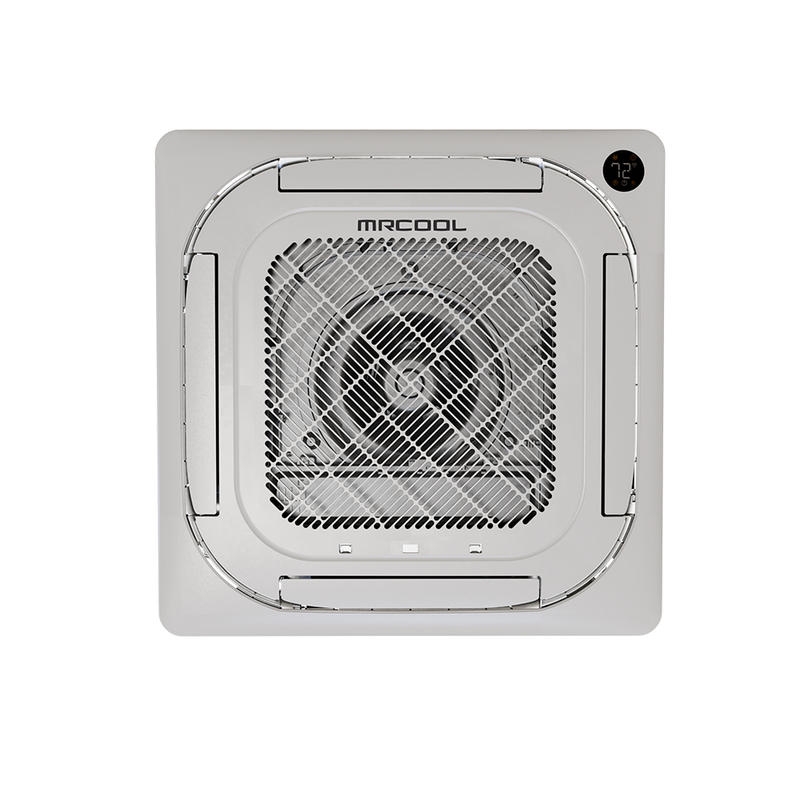 MRCOOL Olympus ceiling cassette panel seen from below, with round center grille, four louvers and display