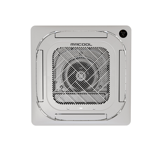 MRCOOL Olympus ceiling cassette panel seen from below, with round center grille, four louvers and display