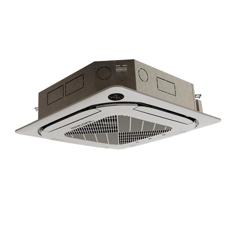 MRCOOL Olympus ceiling cassette, three-quarter view of the metal body above the white four-way panel