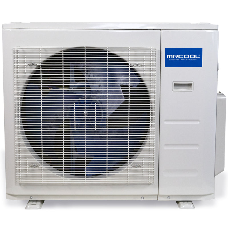 MRCOOL Olympus Multi-Zone 27,000 and 36,000 BTU condenser, front view with single fan, MRCOOL badge and service panel