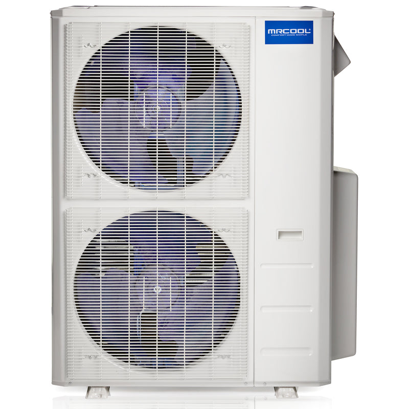 MRCOOL Olympus Multi-Zone 48,000 BTU condenser, tall twin-fan cabinet seen from the front