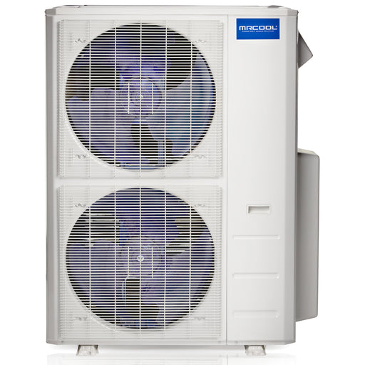 MRCOOL Olympus Multi-Zone 48,000 BTU condenser, tall twin-fan cabinet seen from the front
