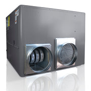 MRCOOL square-to-round adapters fitted to the side openings of a gray packaged unit