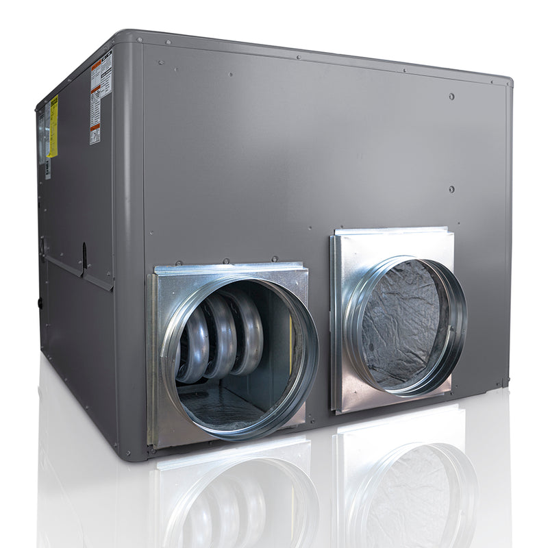 MRCOOL square-to-round adapters fitted to the side openings of a gray packaged unit