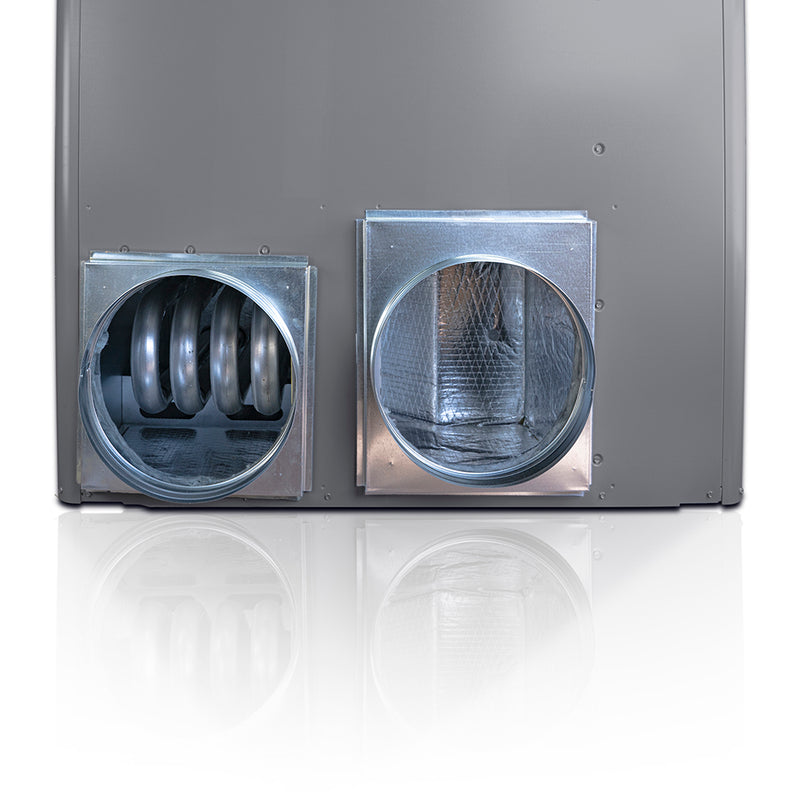 Close view of the two round duct collars mounted on a MRCOOL packaged unit