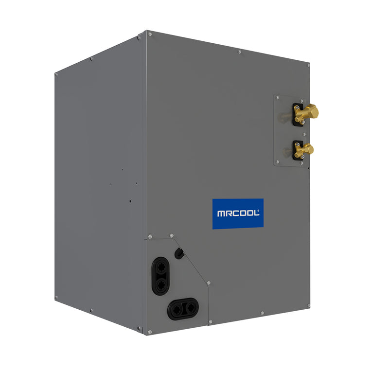 MRCOOL MCMP1824AOTB 14.5" pre-charged cased coil, three-quarter view with brass line connections and drain ports