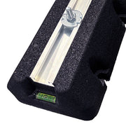 Close-up of one riser end with the aluminum channel, bolt and green level vial