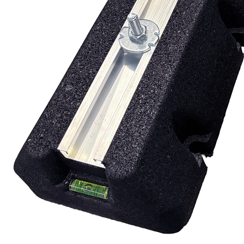 Close-up of one riser end with the aluminum channel, bolt and green level vial