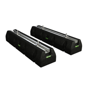 Pair of MRCOOL black rubber condenser risers with aluminum top channels, angled view