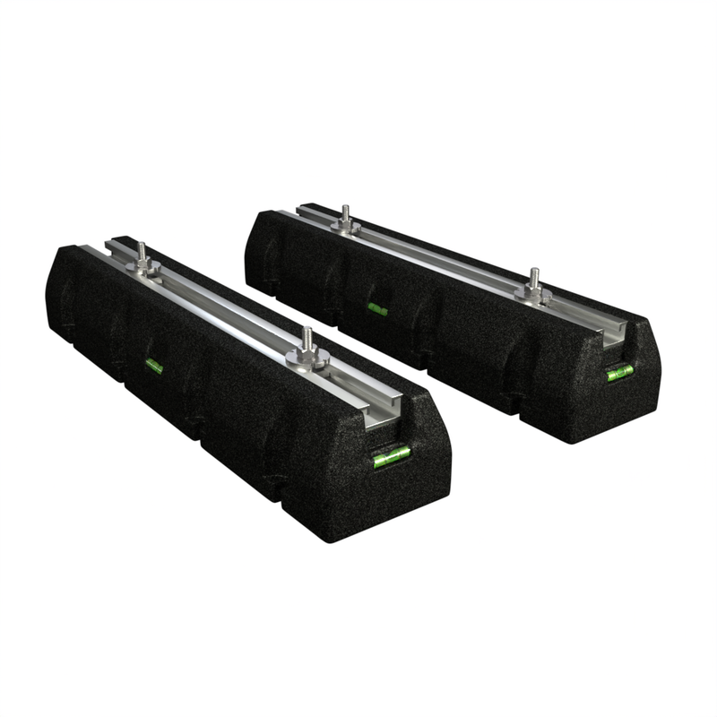 Pair of MRCOOL black rubber condenser risers with aluminum top channels, angled view