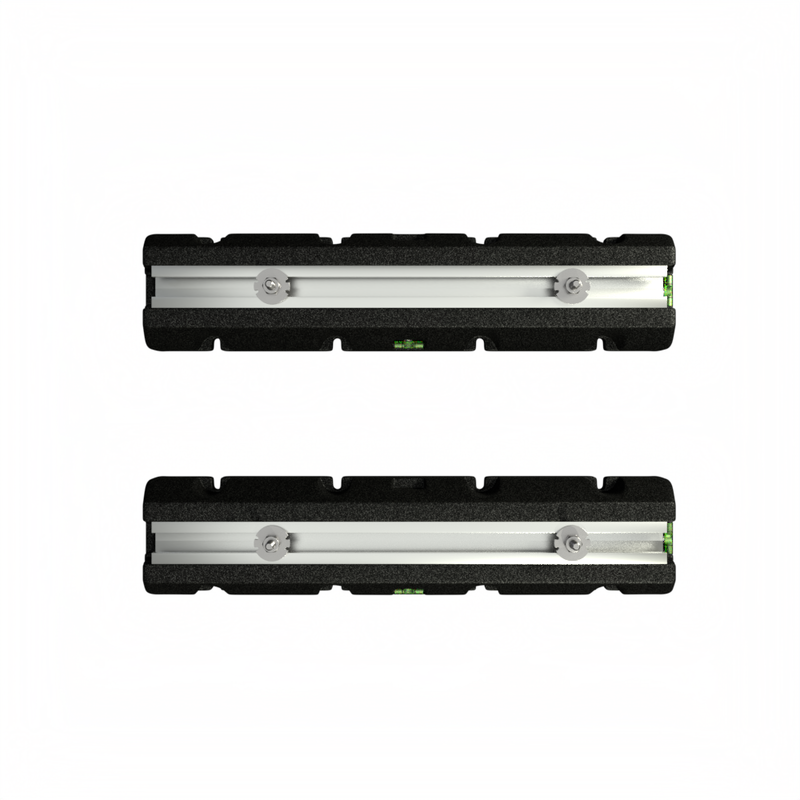 MRCOOL condenser risers from above, showing the aluminum channels and sliding bolts