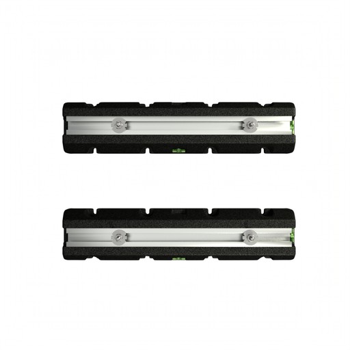MRCOOL condenser risers from above, showing the aluminum channels and sliding bolts