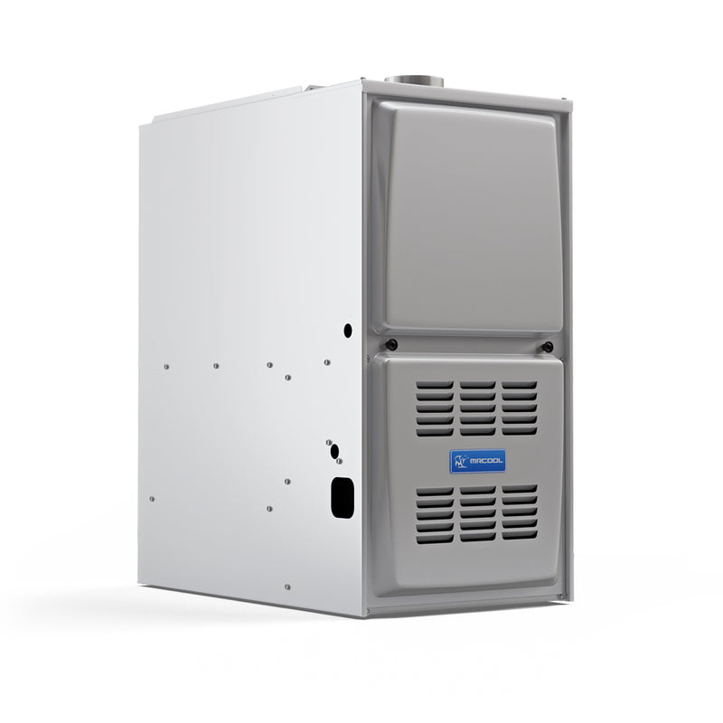 Signature Series 80% furnace cabinet from the front corner, showing the side panel knockouts and louvered door