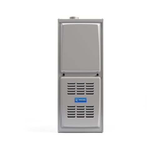 MRCOOL Signature Series 80% gas furnace front, grey upper panel over a louvered lower door with MRCOOL badge