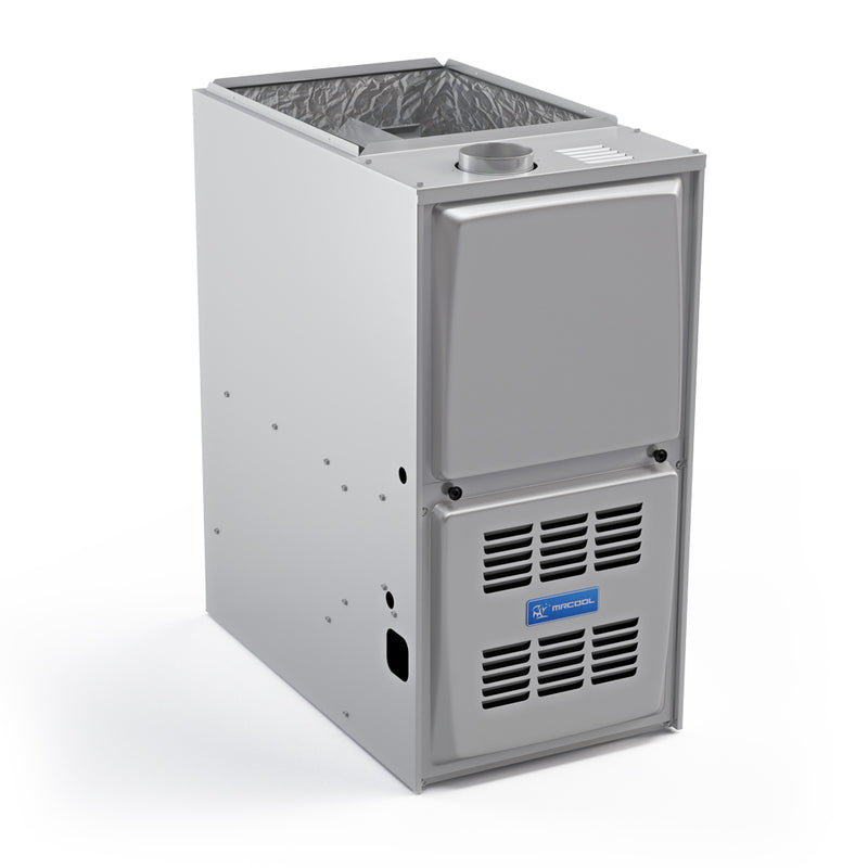 Signature Series 80% furnace seen from above the corner, with the flue collar and insulated top opening