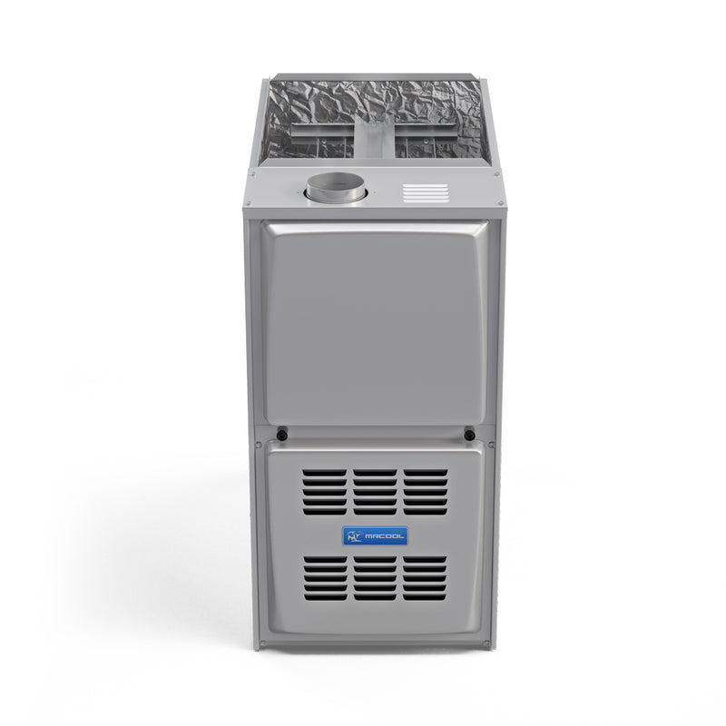 Signature Series 80% furnace front from slightly above, showing the top flue outlet and supply opening