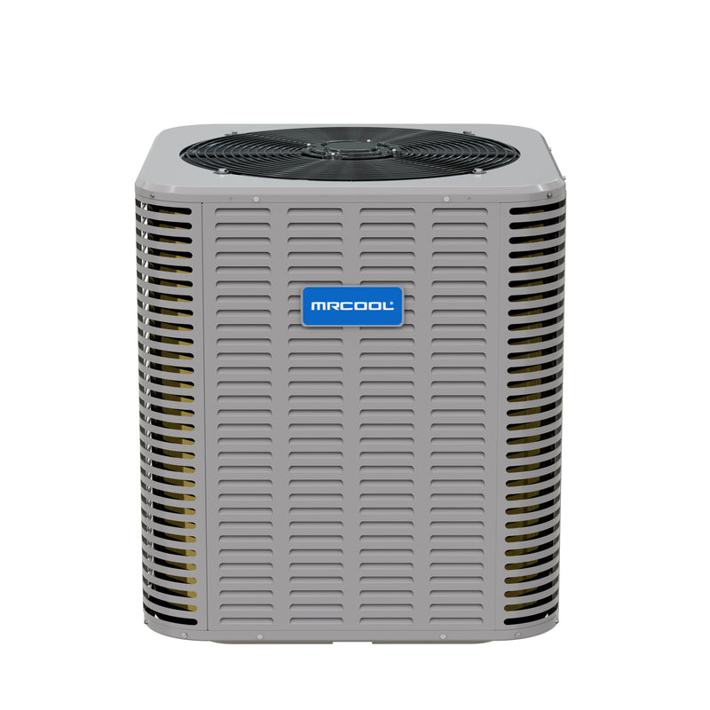 MRCOOL Signature Series condenser, front view of the gray louvered cabinet with top fan grille and MRCOOL badge