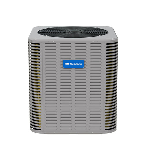 MRCOOL Signature Series condenser, front view of the gray louvered cabinet with top fan grille and MRCOOL badge