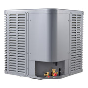 MRCOOL Signature Series condenser corner view with service panel and refrigerant connections