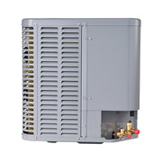 MRCOOL Signature Series condenser service side with brass valves and electrical access panel
