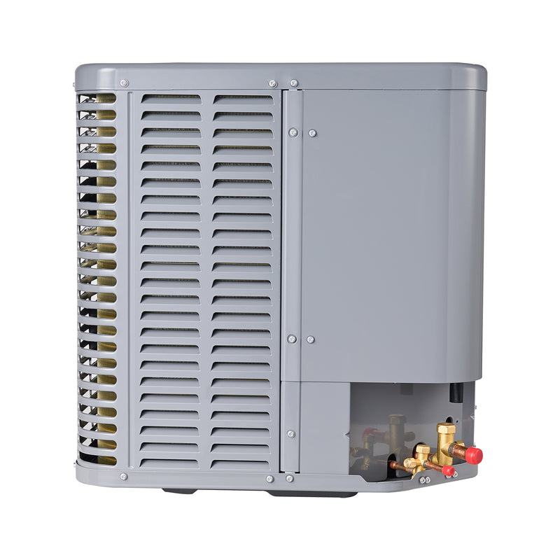 MRCOOL Signature Series condenser service side with brass valves and electrical access panel