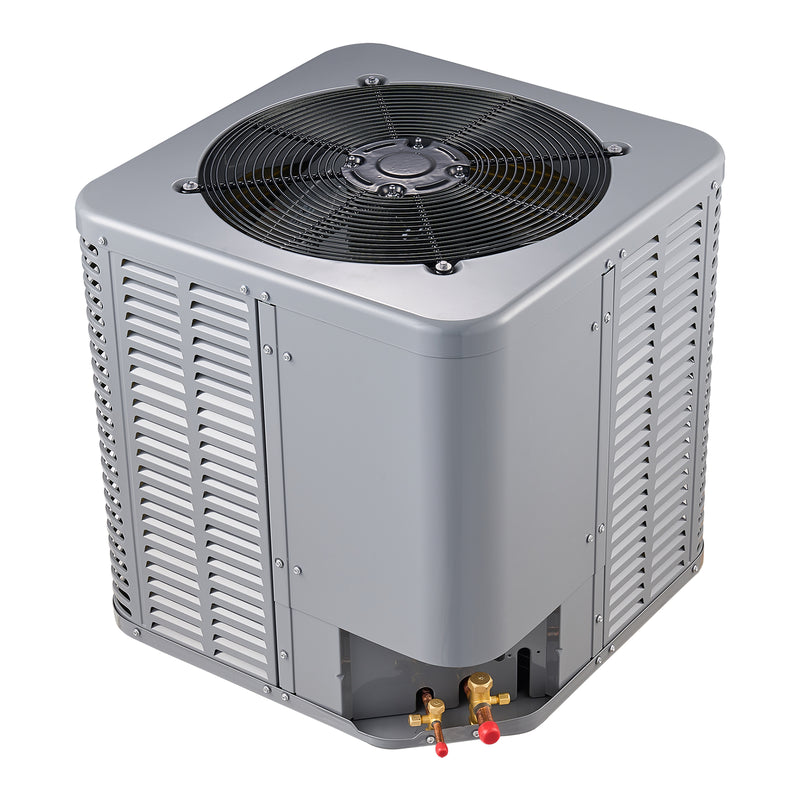 MRCOOL Signature Series condenser from above at an angle, showing the top fan guard and service valves