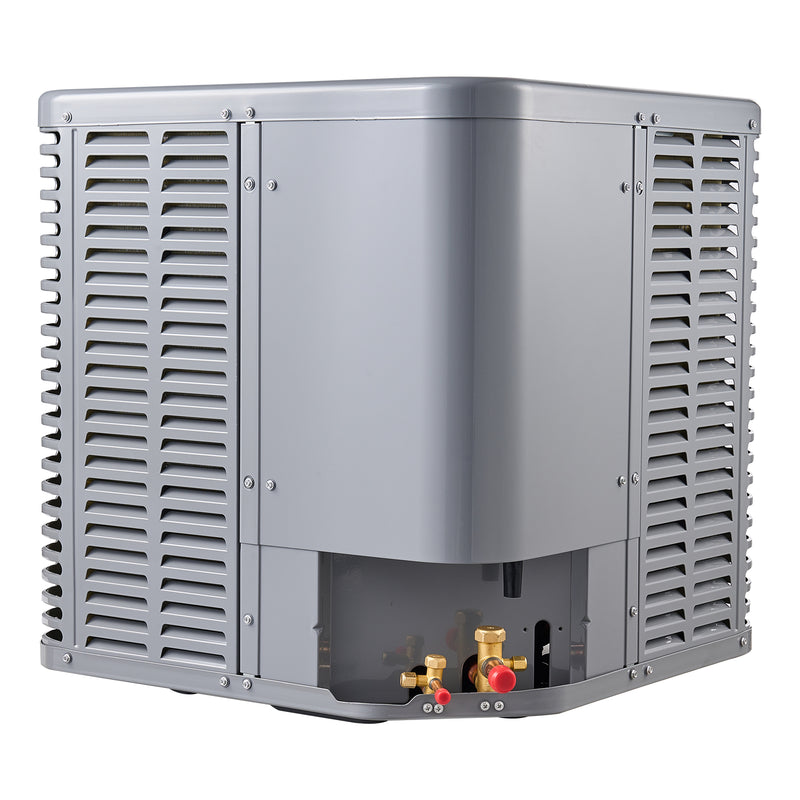 MRCOOL Signature Series condenser corner view with service panel and refrigerant connections