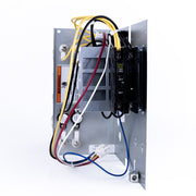 Control side of the MRCOOL MHK heat strip with the circuit breaker, relays, wiring harness and plug