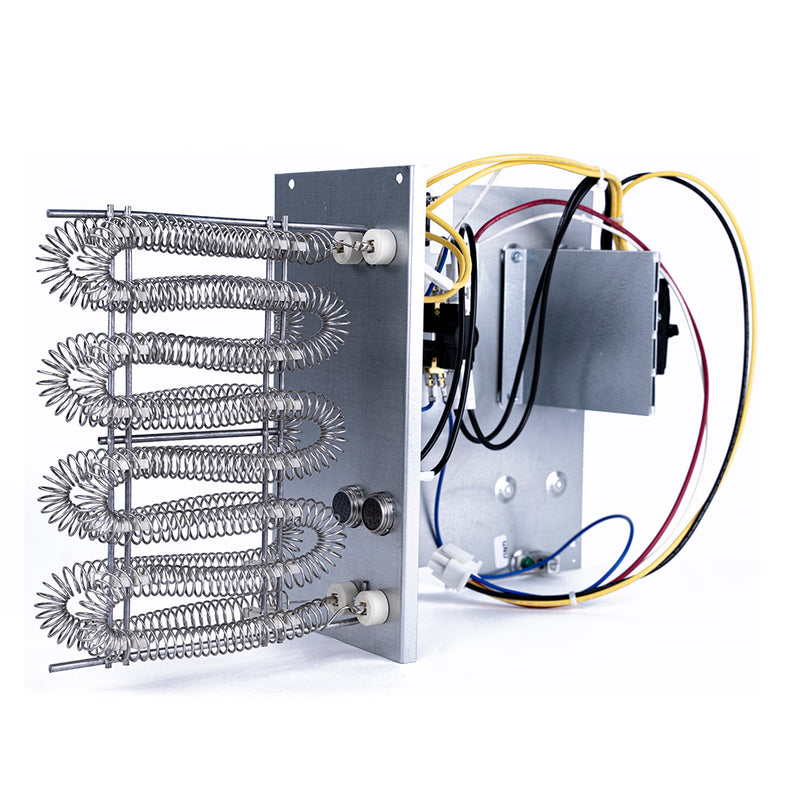 MRCOOL MHK heat strip with coiled elements on a steel plate, control box, wiring and circuit breaker