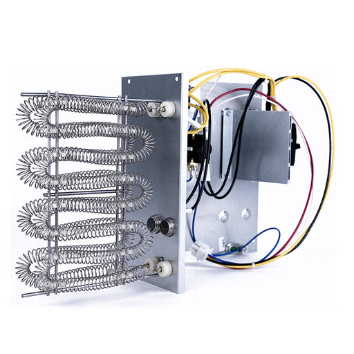 MRCOOL MHK heat strip with coiled elements on a steel plate, control box, wiring and circuit breaker