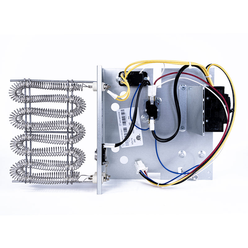 Side view of the MRCOOL MHK heat strip showing the element coils, mounting plate and breaker wiring