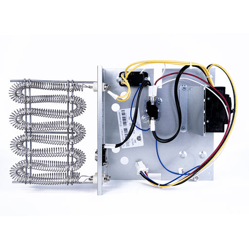 Side view of the MRCOOL MHK heat strip showing the element coils, mounting plate and breaker wiring
