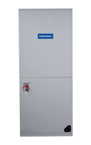MRCOOL Signature Series multi-position air handler, front view with refrigerant connections and drain ports on the lower panel