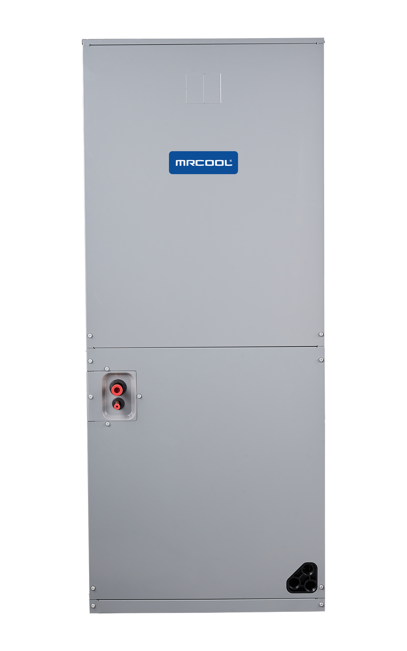 MRCOOL Signature Series multi-position air handler, front view with refrigerant connections and drain ports on the lower panel