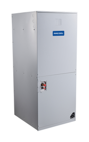 MRCOOL Signature Series multi-position air handler, three-quarter view of the gray galvanized cabinet with MRCOOL badge