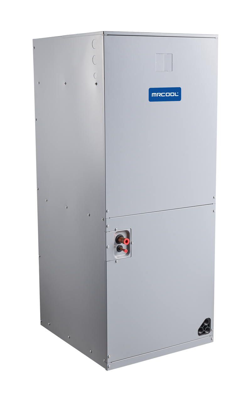 MRCOOL Signature Series multi-position air handler, three-quarter view of the gray galvanized cabinet with MRCOOL badge