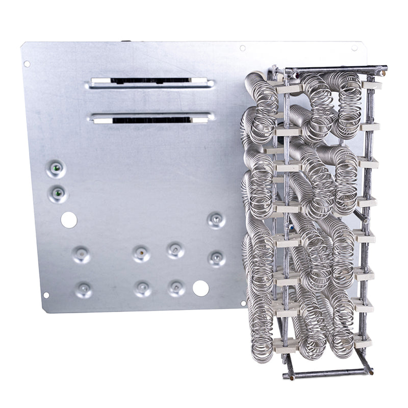 MRCOOL Signature packaged unit heat strip, a bank of coiled elements on a flat steel mounting plate