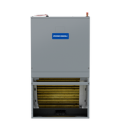 MRCOOL Signature Series stud-mount air handler, front view with the gold-finned coil visible through the open front return