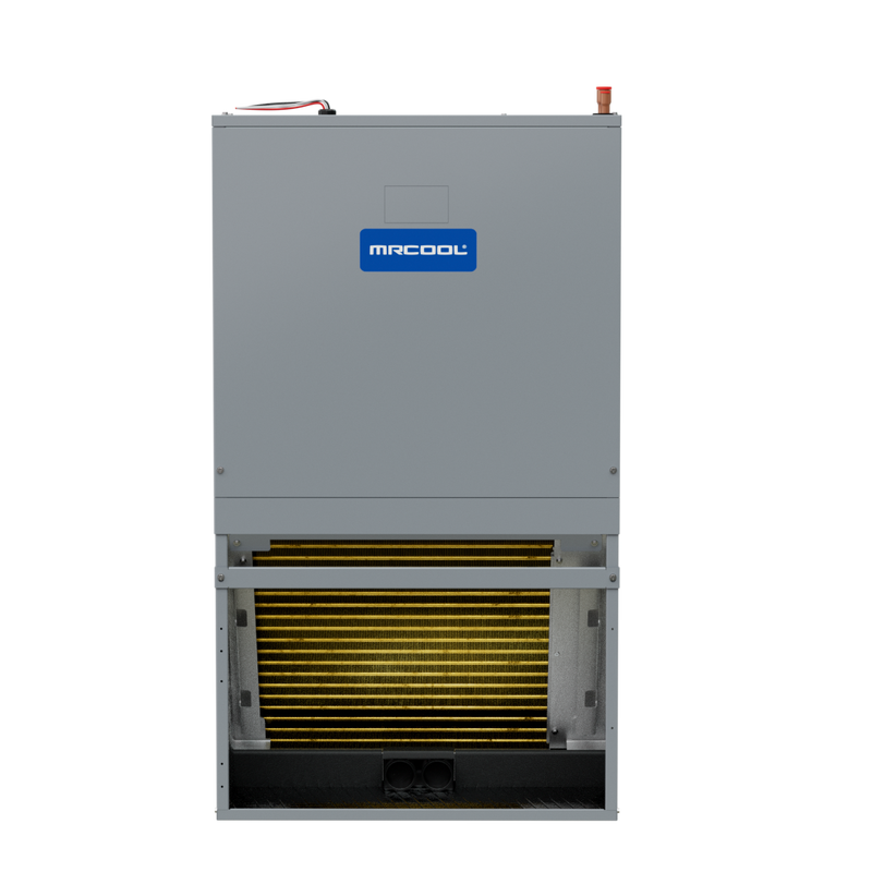 MRCOOL Signature Series stud-mount air handler, front view with the gold-finned coil visible through the open front return