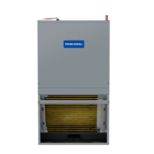 MRCOOL Signature Series stud-mount air handler, front view with the gold-finned coil visible through the open front return