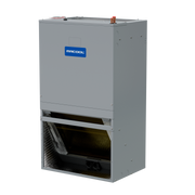 MRCOOL Signature Series stud-mount air handler in three-quarter view across the lower front, copper line stub on top