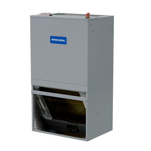 MRCOOL Signature Series stud-mount air handler in three-quarter view across the lower front, copper line stub on top