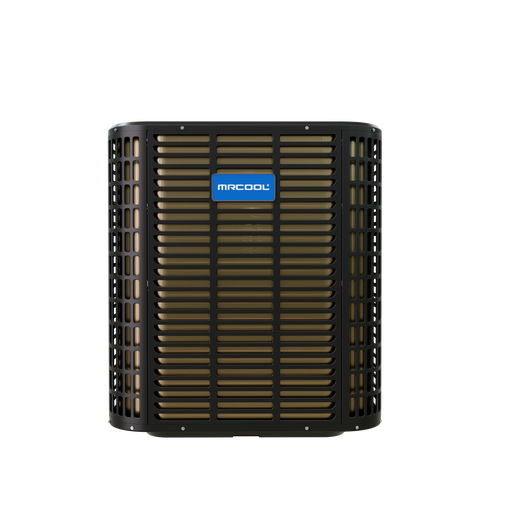MRCOOL TruInverter 4-ton and 5-ton heat pump condenser, taller gunmetal cabinet, front view with MRCOOL badge