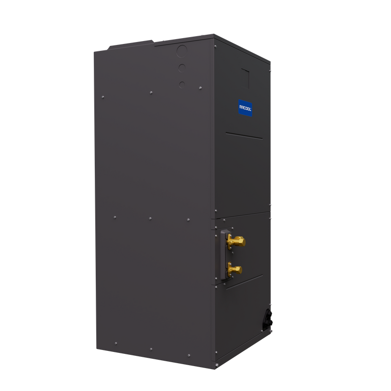MRCOOL TruInverter 2-ton and 3-ton air handler, three-quarter view with brass refrigerant connections on the side
