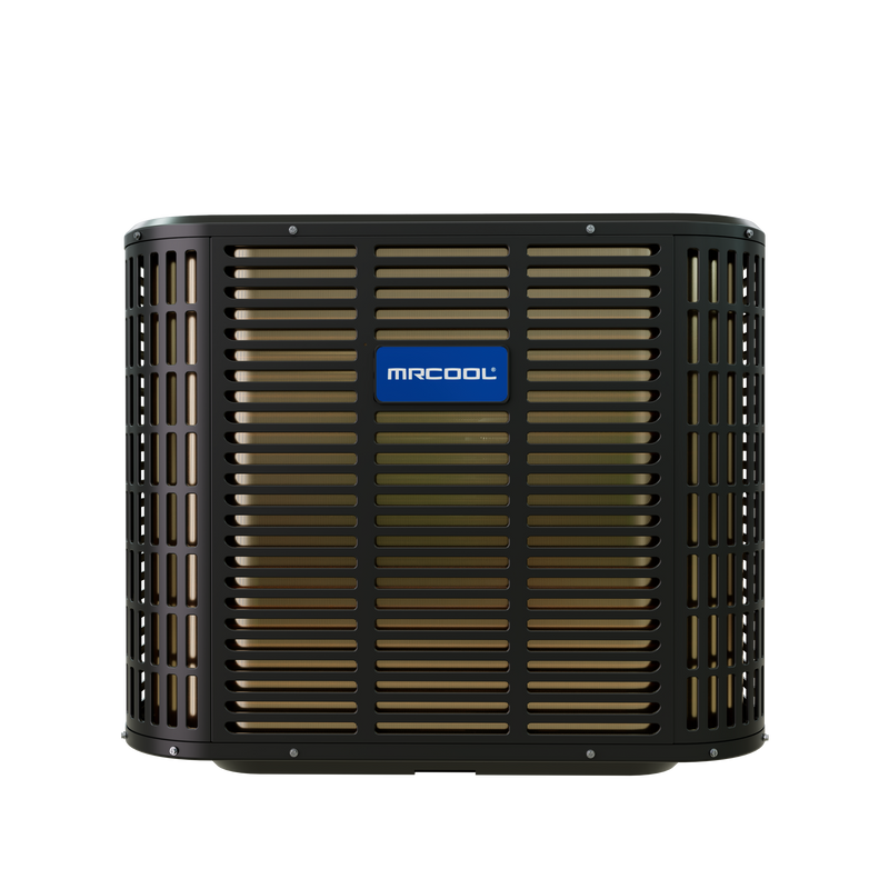 MRCOOL TruInverter 2-ton and 3-ton heat pump condenser, front view with louvered gunmetal casing and MRCOOL badge
