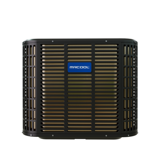MRCOOL TruInverter 2-ton and 3-ton heat pump condenser, front view with louvered gunmetal casing and MRCOOL badge