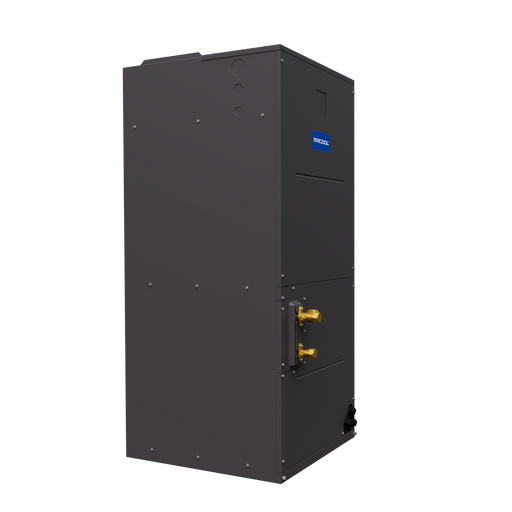 MRCOOL TruInverter 2-ton and 3-ton air handler, three-quarter view with brass refrigerant connections on the side