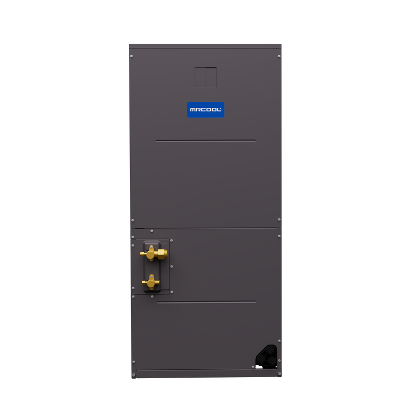 MRCOOL TruInverter 2-ton and 3-ton air handler, front view with brass line connections and drain fitting