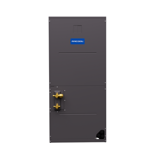 MRCOOL TruInverter 2-ton and 3-ton air handler, front view with brass line connections and drain fitting