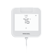 MRCOOL Smart Wi-Fi Mini-Stat, front view showing time, Auto mode and 76°F, with power cable